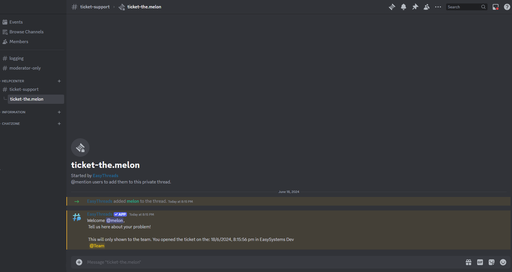 Thread created after an user was pressing on "create ticket" on the Thread Panel